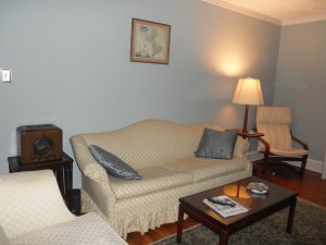 radio, sofa, coffee table, and lamp table: grandmothers. map print: $20 at estate sale